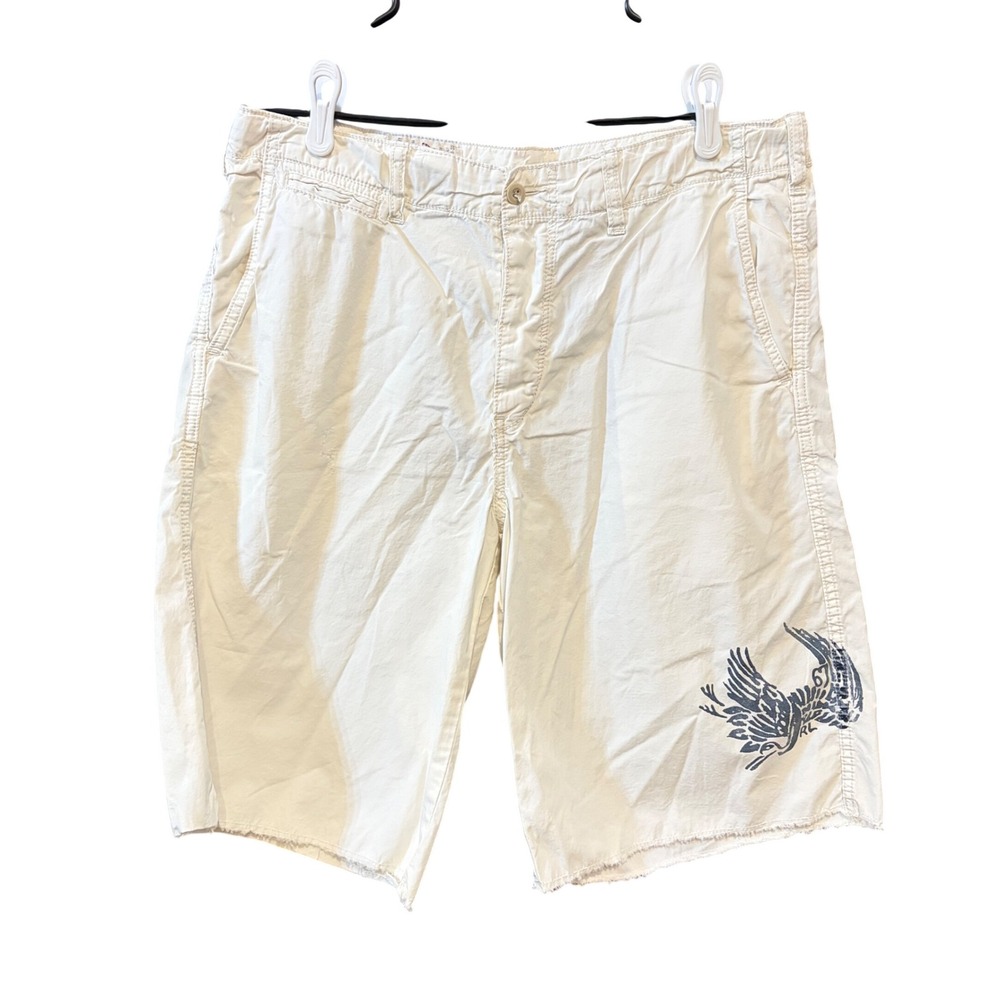 Polo Jeans Co Ralph Lauren Mens 34 Off White Eagle Graphic Cargo Shorts Frayed